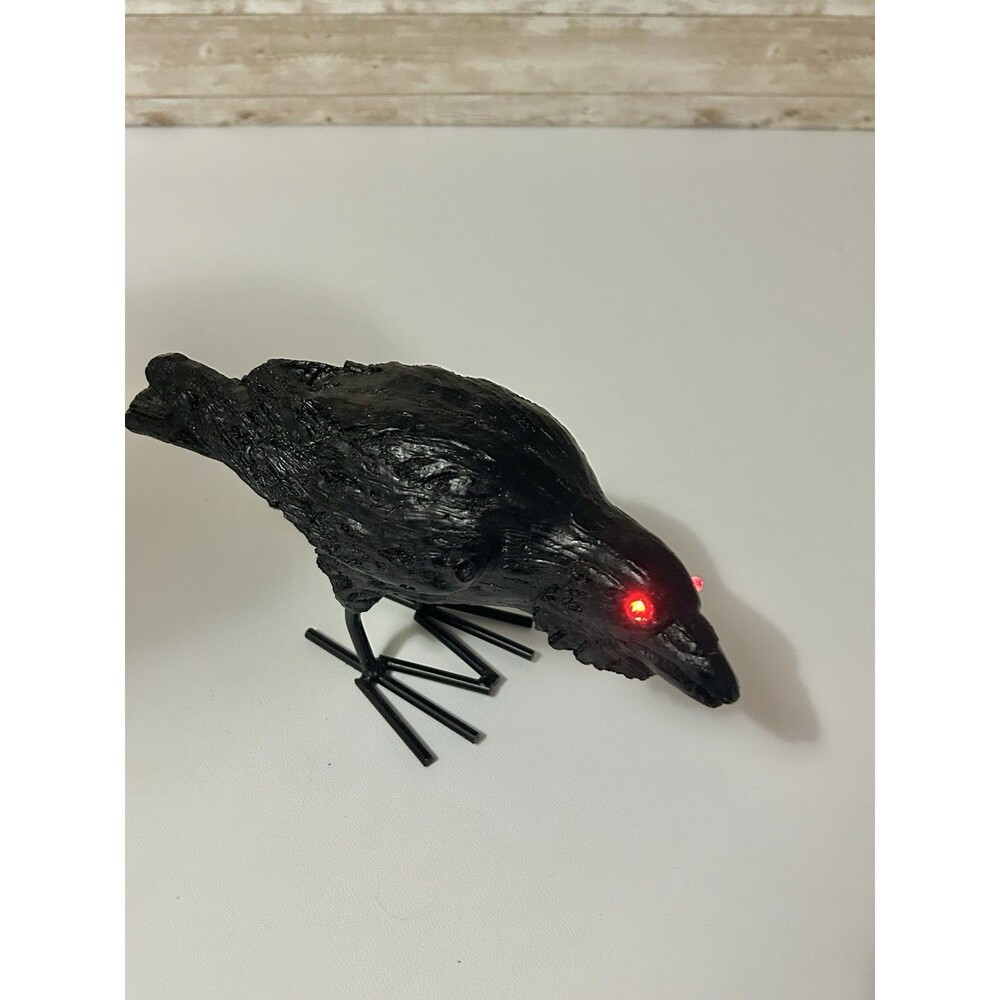 Raven/Black Crow Figurine Red Light Up Eyes Halloween Decor Metal Feet
